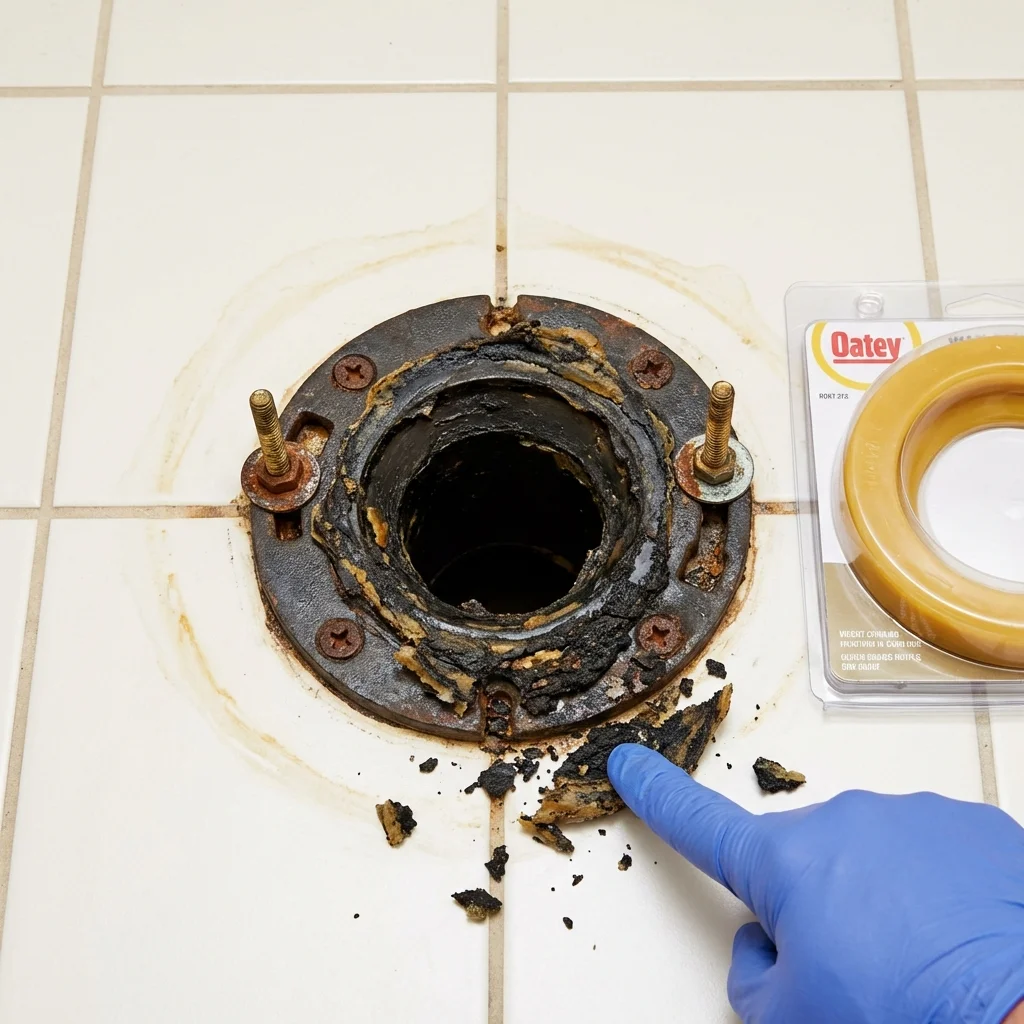 Failed wax ring showing water seepage at the base of a toilet in a Collinsville, MS home