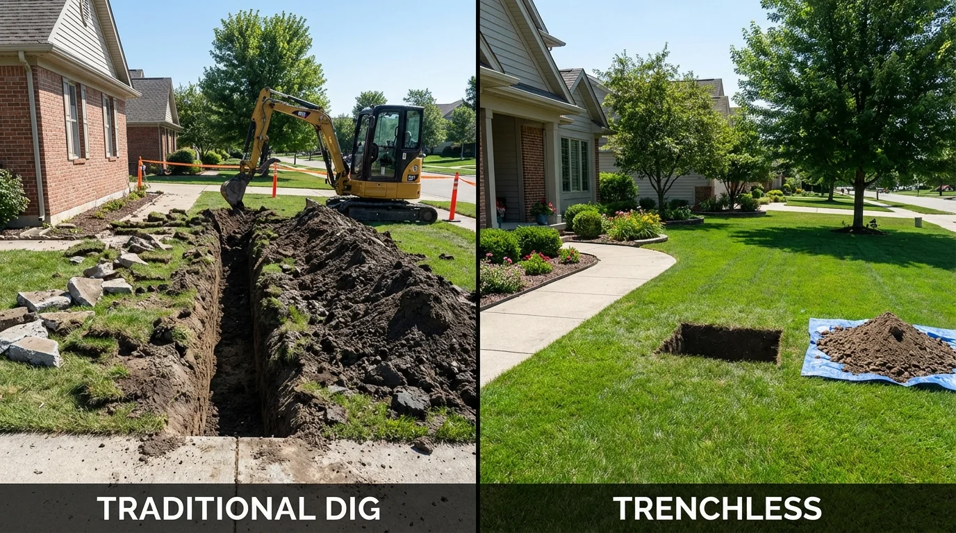 Trenchless sewer repair with minimal yard damage versus traditional excavation in Collinsville, MS