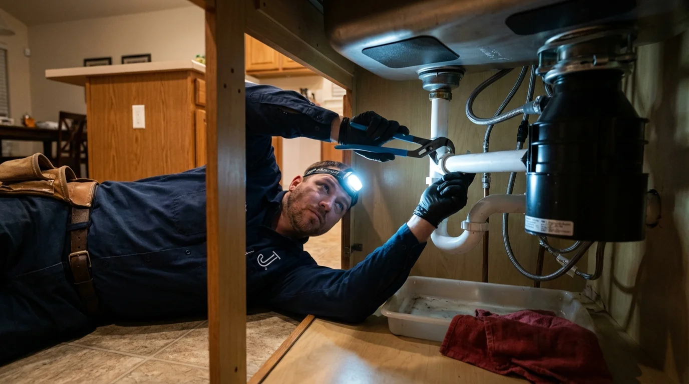 P-trap and supply line connections under a kitchen sink showing a common leak point in Collinsville, MS